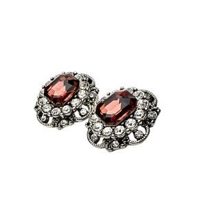 Earrings Burgundy Glass Clear Rhinestones Silver Tone Pierced Elegant Retro
